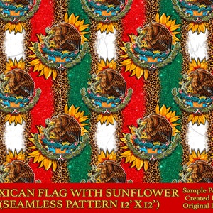 May include: Seamless pattern featuring the Mexican flag with sunflowers and a glitter background. The flag is red, white, and green with a coat of arms in the center. The sunflowers are yellow with brown centers. The glitter is gold and silver.