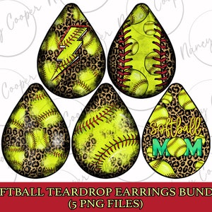 May include: Five teardrop-shaped earrings with a softball theme. Each earring features a yellow softball with red stitching and a leopard print background. One earring has a lightning bolt, one says "Softball Mom", and the others have different softball designs.