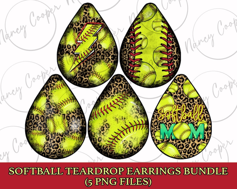 May include: Five teardrop-shaped earrings with a softball theme. Each earring features a yellow softball with red stitching and a leopard print background. One earring has a lightning bolt, one says "Softball Mom", and the others have different softball designs.