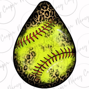 May include: A yellow softball with red stitching, covered in a black and brown leopard print pattern.