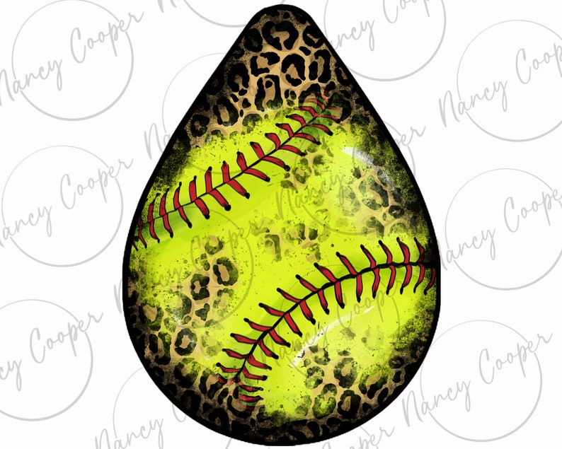 May include: A yellow softball with red stitching, covered in a black and brown leopard print pattern.