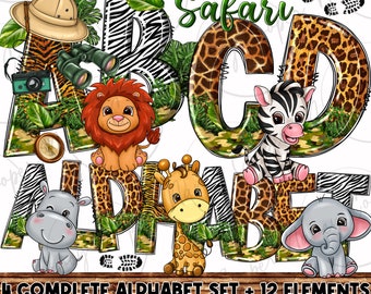 May include: A colorful alphabet set with safari animal illustrations. The letters are decorated with animal print patterns, including zebra stripes, leopard spots, and camouflage. The set includes 280 PNG files.