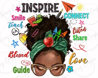 Afro messy bun teach inspire love Teacher blessed png sublimation design download, messy bun design, Teacher&#39;s Day png, designs download