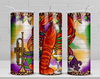 Mardi Gras crawfish 20 oz skinny tumbler png sublimation design download, Mardi Gras tumbler wrap png, 20 oz tumbler designs, png download