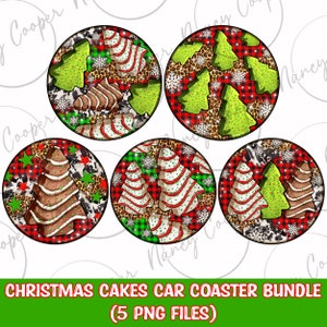 May include: Set of five round car coasters featuring a Christmas theme. The coasters feature a variety of patterns including red and black buffalo plaid, green and white plaid, leopard print, and cow print. The coasters are decorated with images of Christmas trees, gingerbread cookies, and snowflakes.