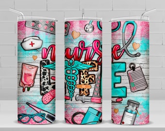Enfermera vida 20 oz flaco vaso png sublimación diseño descargar, Enfermera vaso envoltura png, Enfermería 20 oz vaso diseños, vaso png descargar
