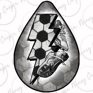 May include: Black and white illustration of a soccer ball with a lightning bolt and two soccer cleats. The image is in a teardrop shape.
