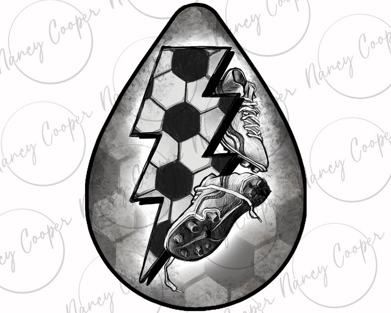 May include: Black and white illustration of a soccer ball with a lightning bolt and two soccer cleats. The image is in a teardrop shape.