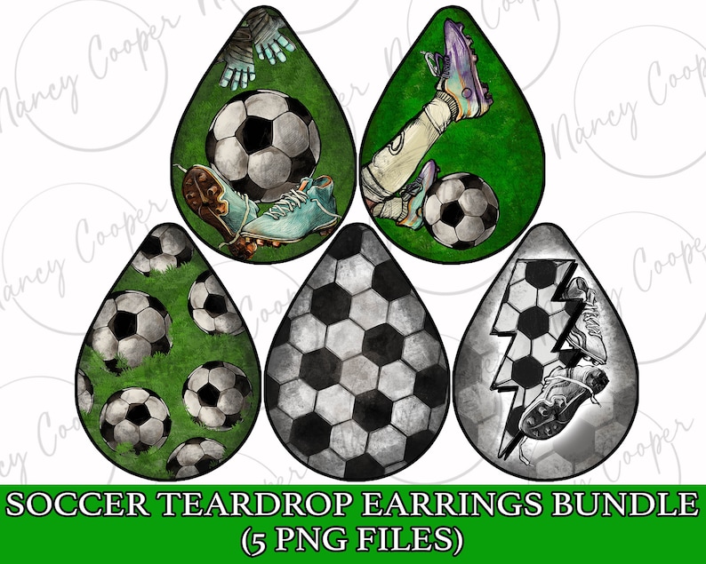 May include: Five teardrop-shaped earring designs featuring soccer-themed graphics. The designs include a soccer ball, a soccer player, a soccer ball with a lightning bolt, and two designs with soccer balls in a textured pattern.