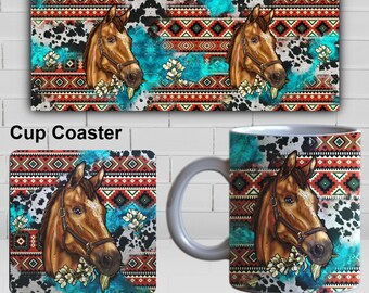 Horses 11oz and 15oz Mug Png Sublimation Designs, Square Cup Coaster Template, Western Horse Png, Sublimate Designs Download