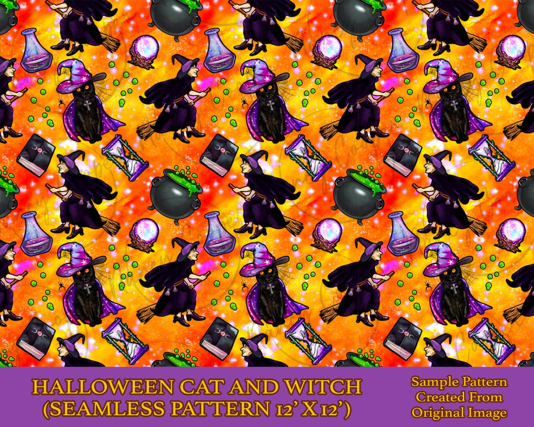 Halloween Cat and Witch Seamless Pattern Digital Paper,halloween ...