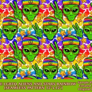 May include: A seamless pattern featuring green aliens with peace signs and rainbow tie-dye backgrounds. The pattern also includes gold stars. The text "PRIDE LGBTQ ALIENS AND STARS RAINBOW (SEAMLESS PATTERN 12' x 12')" is at the bottom of the image.