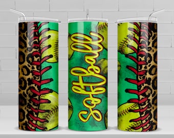 Softball Leopard 20 oz Skinny Becher png Sublimation Design herunterladen, Softball 20 oz Becher wrap png,Softball 20 oz Becher designs,png download