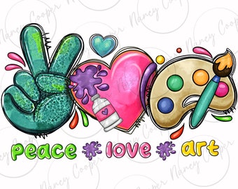 May include: Peace, love, and art graphic design featuring a peace sign, a heart, a paint palette, and paintbrushes. The design includes the words "peace", "love", and "art".