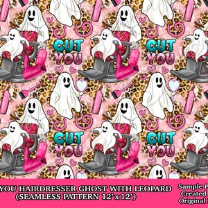 Cut you hairdresser ghost with leopard seamless pattern digital paper, Hairdresser digital seamless pattern png, printable scrapbook paper