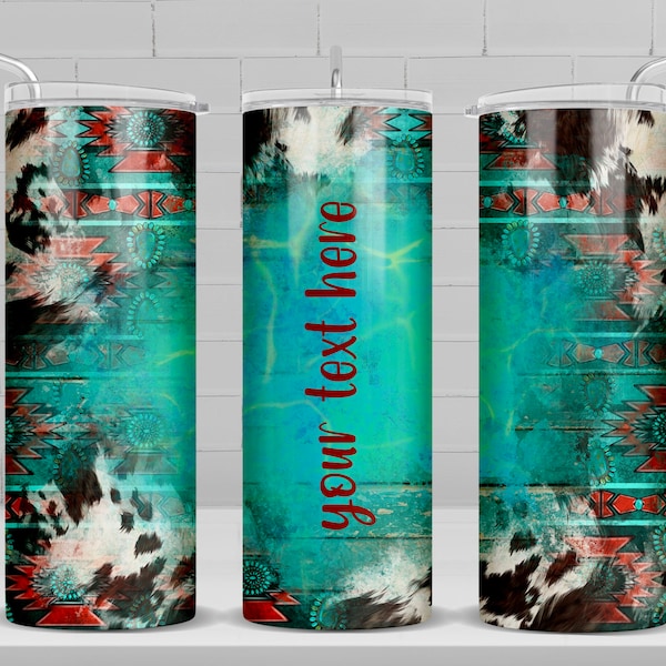 Personalized cowhide aztec turquoise 20 oz skinny tumbler png sublimation design download, tumbler wrap png, 20 oz tumbler designs, download