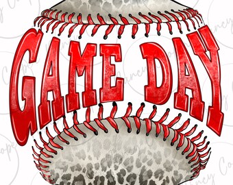 May include: A baseball with a leopard print design and the words "GAME DAY" in red text.
