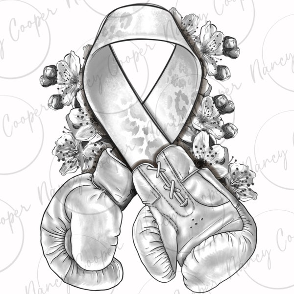 Lung Cancer white ribbon with boxing gloves png sublimation design download, Lung Cancer png,Cancer Awareness png,sublimate designs download