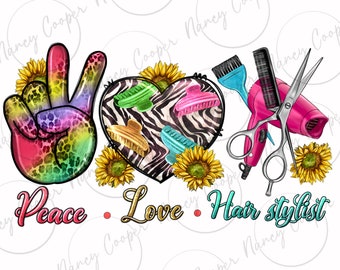 May include: Peace, love, and hair stylist text with a peace sign, a heart with zebra print and hair clips, and hair styling tools including a hair dryer, scissors, and a brush.