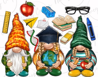 May include: Three gnomes dressed in school-themed outfits. The gnome on the left is wearing a leopard print hat, plaid shirt, and holding a ruler and a book. The gnome in the middle is wearing a graduation cap, a yellow and orange shirt, and holding a globe. The gnome on the right is wearing a green hat, a striped shirt, and holding a pencil and an apple.