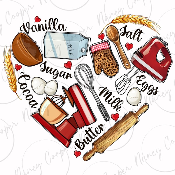 Bake tools heart png sublimation design download, baking png, cooking love png, cooking tools png, sublimate designs download