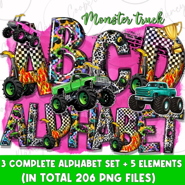 Ensemble de fichiers png alphabet Monster Truck, lettres de doodle Monster Truck png, lettres étudiantes png, téléchargement de dessins sublimés