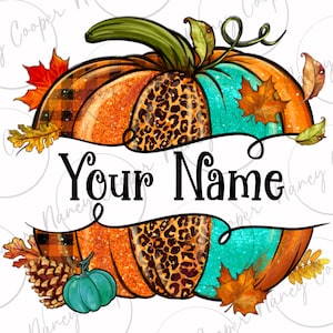 May include: A pumpkin with a teal, orange, black, and white plaid design. The pumpkin has the text "Your Name" on it. The pumpkin is surrounded by fall leaves.