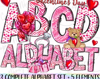Könnte beinhalten: Valentine's Day Alphabet-Clipart-Set mit pinken, roten und weißen Zebra-Druckbuchstaben, Herzen und anderen Valentinstag-Elementen. Der Text "Valentine's Day" und "ABCD ALPHABET" ist im Bild enthalten.
