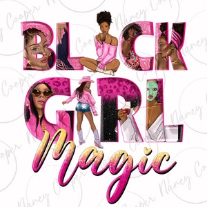 以下が含まれることがあります： ピンクのグリッターとピンクのレオパード柄の背景に「Black Girl Magic」というテキスト。テキストは、さまざまなヘアスタイルと服装をした黒人女性の画像で囲まれています。