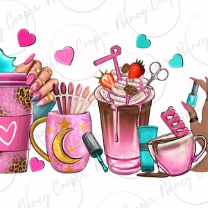 Könnte beinhalten: Digitale Illustration mit Nagelkunst und Beauty-Elementen. Enthält einen Kaffeebecher mit Leopardenmuster, eine Tasse mit Mond- und Stern-Design, ein Schokoladengetränk mit Sahne und Erdbeeren sowie eine rosa Tasse mit Nagellack.