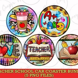 Teacher school car coaster png bundle sublimation design download, Teacher&#39;s Day png, school car coaster png, sublimate designs download