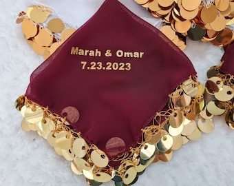 vrijgezellenfeestbedankjes, halay tücher gepersonaliseerd, luxe halay zakdoek met pailletten, henna bruiloft