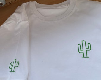 Personalisiertes Kaktus besticktes Baumwoll-T.Shirt - Reines Weiß - Unisex - 100% Biobaumwolle