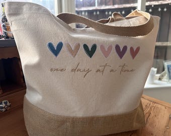 Personalised One Day at a Time Tote Bag - Mental Health Awareness, Motivational, Inspirational - Canvas & Jute Bag - 18 Ltr - 34 x 36 x 13cm