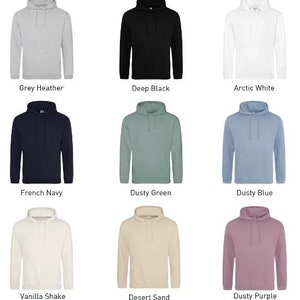 May include: A set of ten hooded sweatshirts in various colors, including grey heather, deep black, arctic white, french navy, dusty green, dusty blue, vanilla shake, desert sand, and dusty purple.