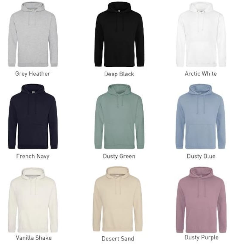 May include: A set of ten hooded sweatshirts in various colors, including grey heather, deep black, arctic white, french navy, dusty green, dusty blue, vanilla shake, desert sand, and dusty purple.