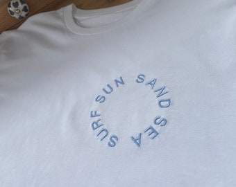 Sun Sand Sea Surf Embroidered Cotton - Pure White - T-Shirt