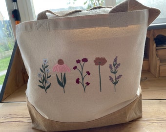 Embroidered Flowers Jute Tote Bag – Natural Canvas Market Bag
