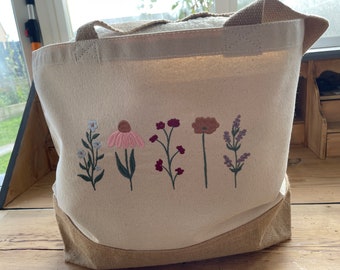 Embroidered  Flowers in Bloom Bag - Jute Based Canvas Tote Bag - 18 Litre Capacity - Measuring 34 x 36 x 13cm