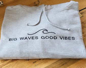 Personalised Beach Hoodie - Big Waves Good Vibes, Custom Sleeve
