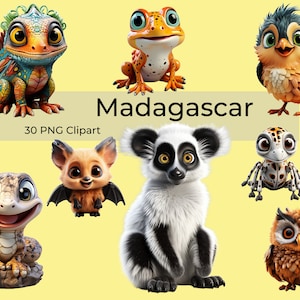 Cute Madagascar Animal Clipart, Animal Clipart, Lemurs, Maki, Chameleon, Flying Foxes, PNG Clipart, high resolution, gift for kids