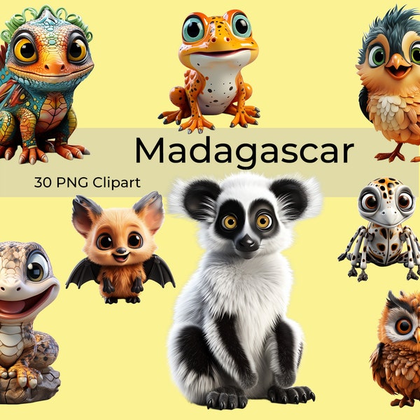 Cute Madagascar Animal Clipart, Animal Clipart, Lemurs, Maki, Chameleon, Flying Foxes, PNG Clipart, high resolution, gift for kids