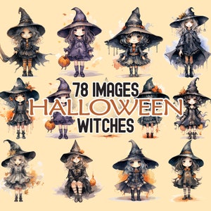 78 Halloween Witches, Watercolor Clipart, Halloween PNG, Scary Halloween, Scrapbook, PNG Transparent, Scary Witch Girls