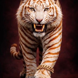 May include: A fierce white tiger with orange stripes, snarling with bared teeth. The tiger is wearing a gold chain bracelet on its front paw. The background is a dark maroon color.