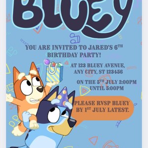 Convites de aniversário personalizáveis da Digital Bluey
