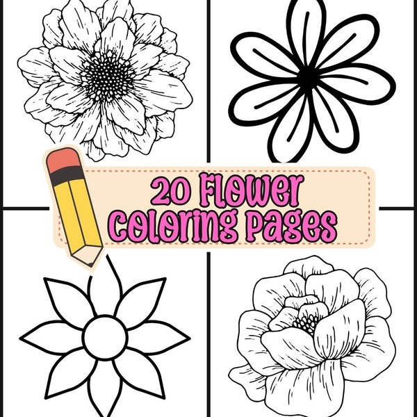 20 pages: Flower Digital Coloring Pages, Flower Coloring Book, Flower Printable Coloring Pages, Flower Coloring Pages for Kids