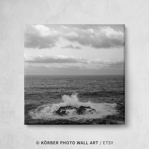 Crashing Waves Seascape Canvas Photo, La Palma Black & White 8x8 Inch Print, Canary Island Maritime Wall Art Decor, Nautical Nature Gift