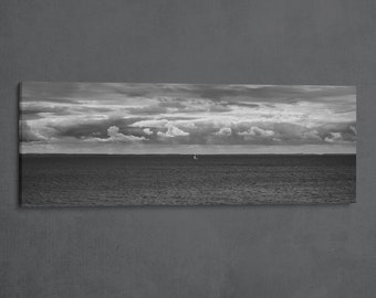 Sailboat in the Baltic Sea Panoramic Wall Art, Monochrome Shades of the Sea, Timeless Maritime Canvas Photo Print for Scandi Interiors