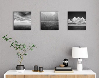 Maritime Wall Art Set of Three 8x8 inch Canvas Photos, Original Black and White Minimalist Seascape Photography, Gift for Ocean Lovers