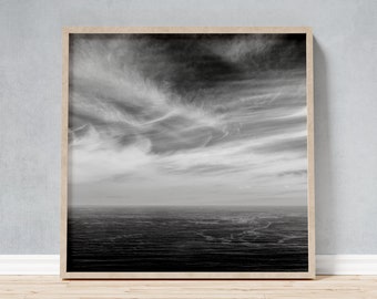 Framed Photo of Dramatic Sky Seascape, La Palma Black and White Maritime Wall Art, Atmospheric Ocean Scene Minimalist Photography